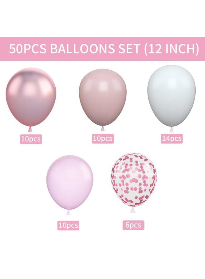 Biapian Pink & White Balloons, 12 Inch Pink White Metallic Chrome Pink Confetti Pink Latex Balloons with Ribbon Pink White Party Balloons Set for Girls Baby Shower Birthday Princess Party Decorations - Image 2