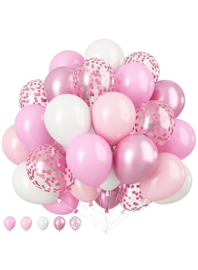 Biapian Pink & White Balloons, 12 Inch Pink White Metallic Chrome Pink Confetti Pink Latex Balloons with Ribbon Pink White Party Balloons Set for Girls Baby Shower Birthday Princess Party Decorations - Image 1