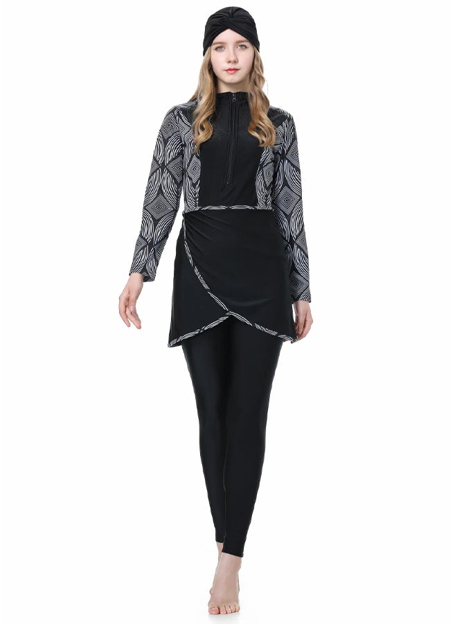 MARGOUN Women Medium Size Muslim Women Modest Swimsuit Full Coverage Floral Print Three Piece Islamic Hijab Ladies Beachwear Swimming Swimwear Black - Image 1