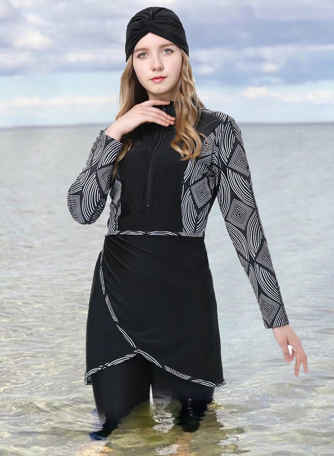 MARGOUN Women Medium Size Muslim Women Modest Swimsuit Full Coverage Floral Print Three Piece Islamic Hijab Ladies Beachwear Swimming Swimwear Black - Image 3