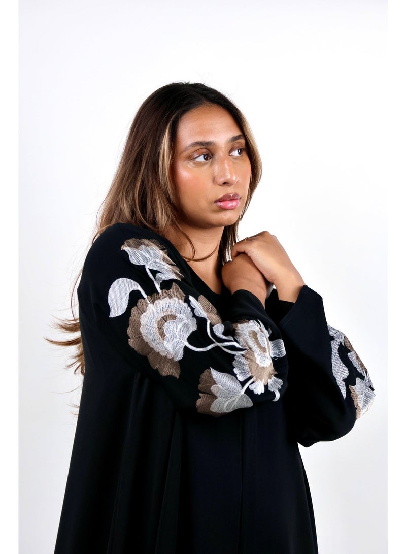 JAMEELA Black Gardenia Rose-Embroidered Abaya - Image 1