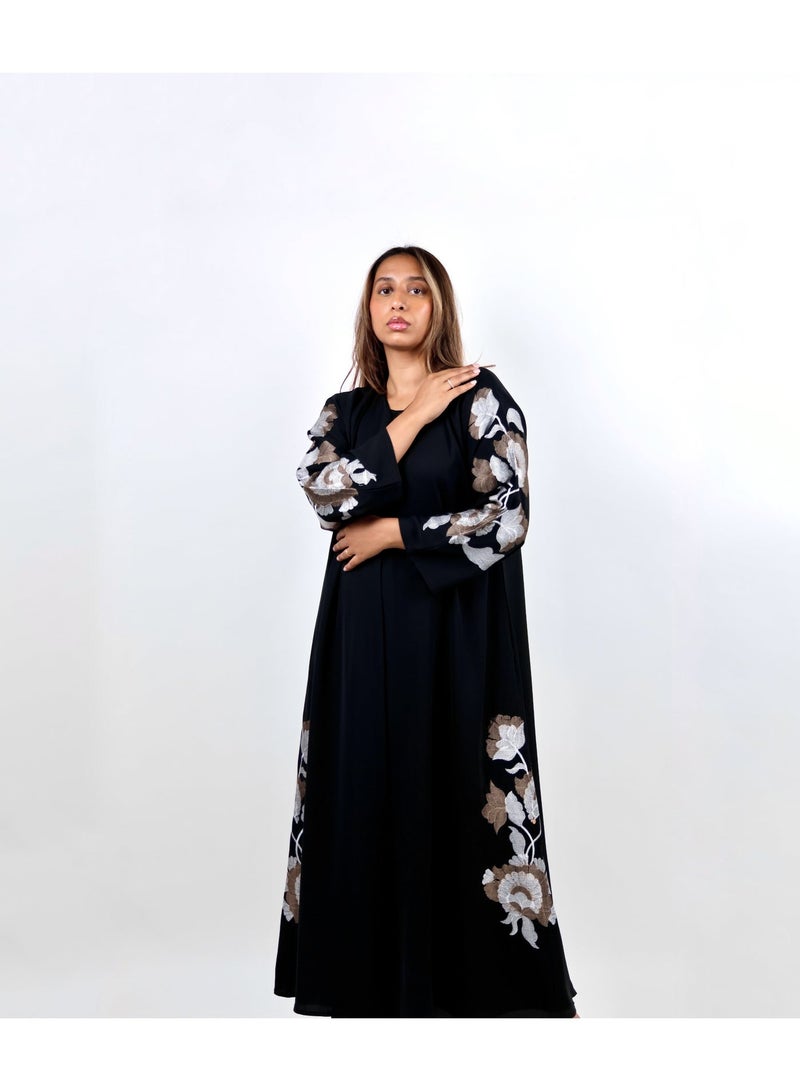 JAMEELA Black Gardenia Rose-Embroidered Abaya - Image 2
