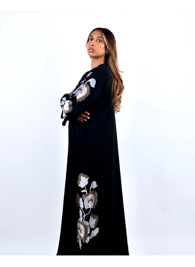 JAMEELA Black Gardenia Rose-Embroidered Abaya - Image 5