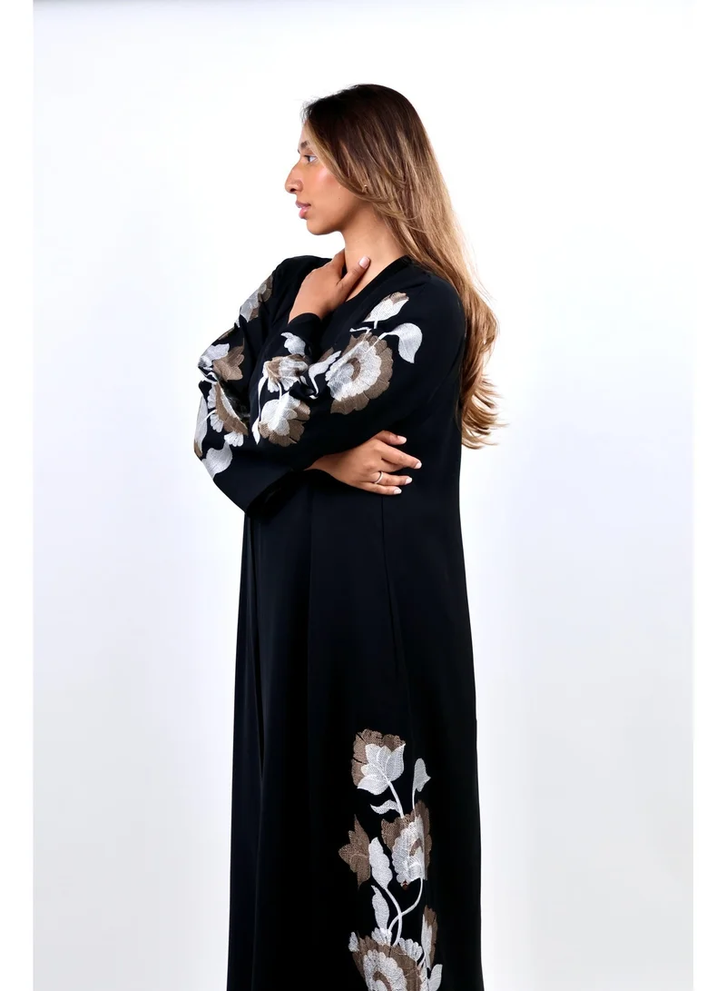 JAMEELA  Black Gardenia Rose-Embroidered Abaya for Women | Best Price UAE
