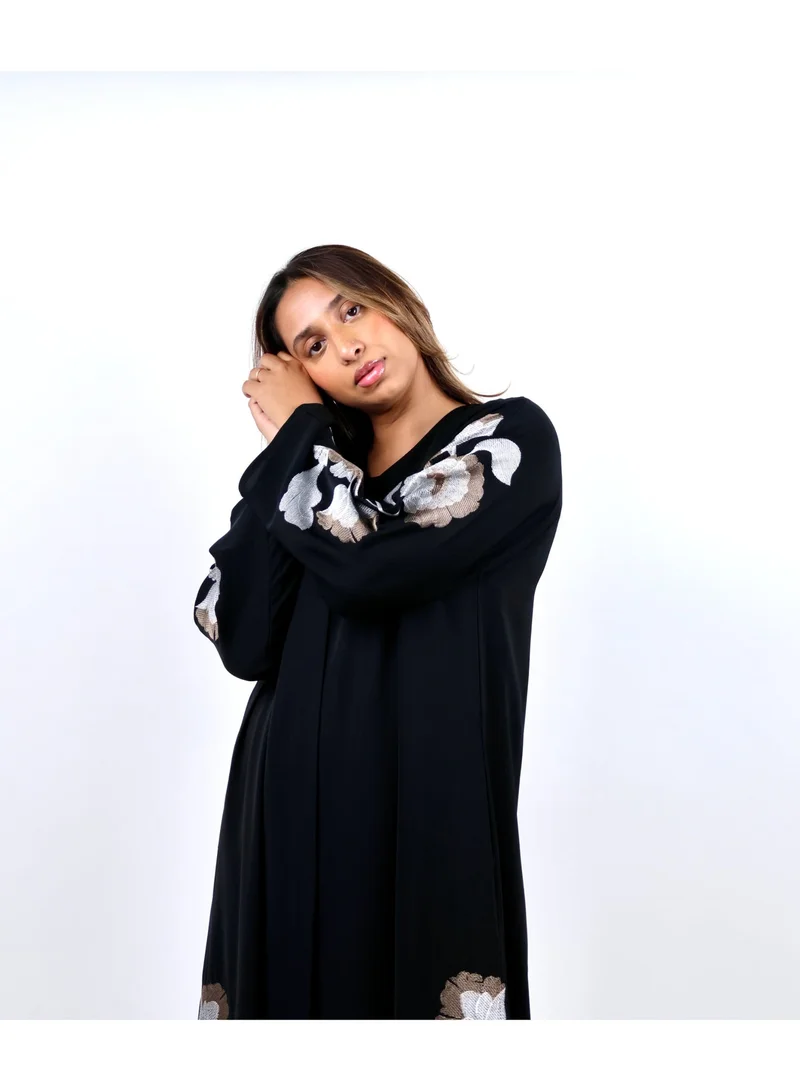 JAMEELA  Black Gardenia Rose-Embroidered Abaya for Women | Best Price UAE