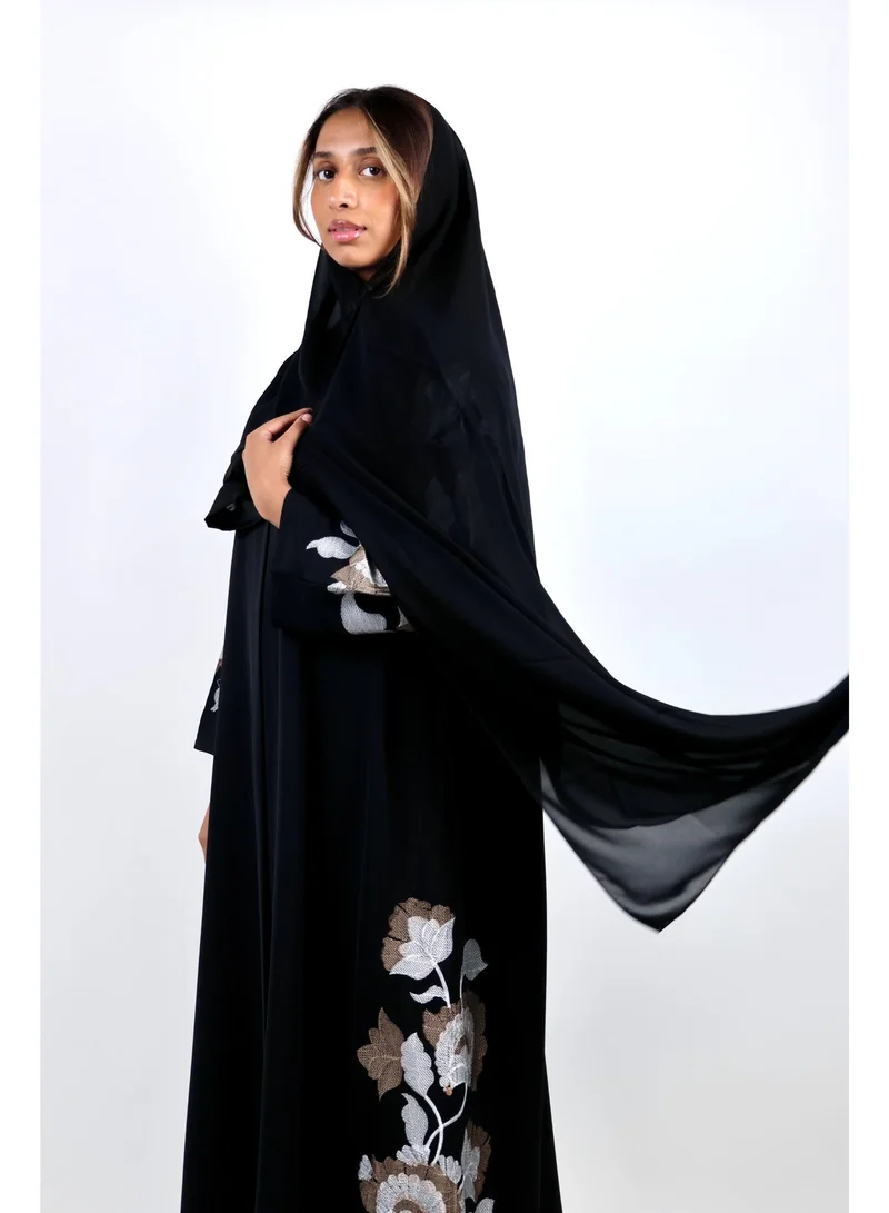 JAMEELA  Black Gardenia Rose-Embroidered Abaya for Women | Best Price UAE