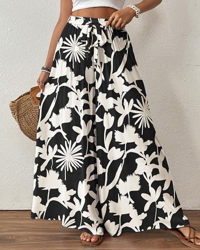 Bsubseach Wide Leg Pants Woman Flowy Floral Palazzo Pants for Women High Waisted Summer Casual Trousers Cruise Outfits Black Printed S - Image 4