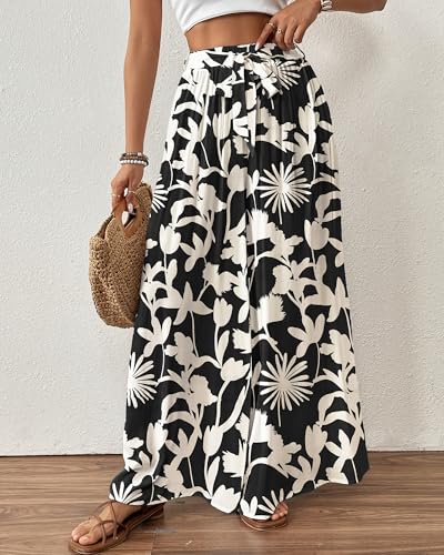 Bsubseach Wide Leg Pants Woman Flowy Floral Palazzo Pants for Women High Waisted Summer Casual Trousers Cruise Outfits Black Printed S - Image 3