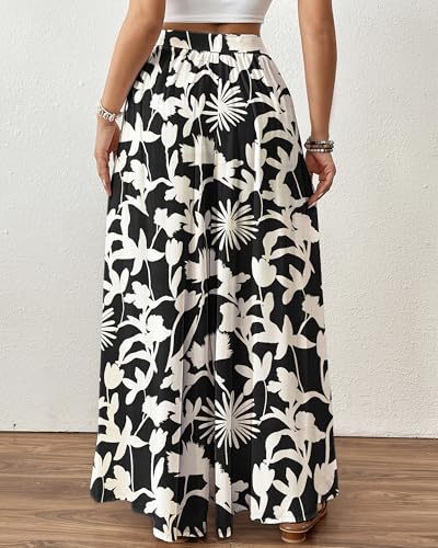Bsubseach Wide Leg Pants Woman Flowy Floral Palazzo Pants for Women High Waisted Summer Casual Trousers Cruise Outfits Black Printed S - Image 5