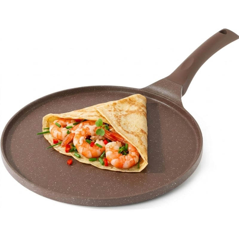 Nonstick Crepe Pan, Swiss Granite Coating Pan Pancake Flat Skillet Tawa Griddle 32cm with Stay-Cool Handle, Induction Compatible (Brown)