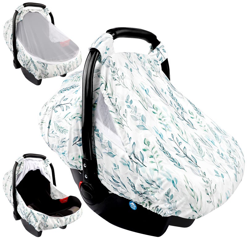 DILIMI Car Seat Covers for Babies Girl Boy, Cozy Sun & Bug Cover, Infant Carseat Canopy Newborn Stroller Carrier Cover with Breathable Zipper Peep Window, Green Leaf - Image 1