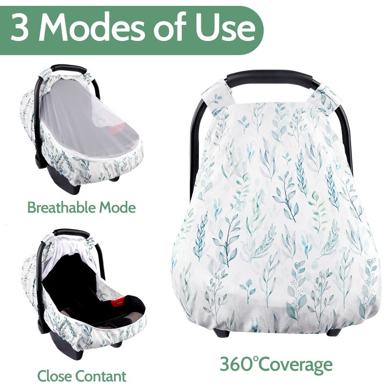 DILIMI Car Seat Covers for Babies Girl Boy, Cozy Sun & Bug Cover, Infant Carseat Canopy Newborn Stroller Carrier Cover with Breathable Zipper Peep Window, Green Leaf - Image 4