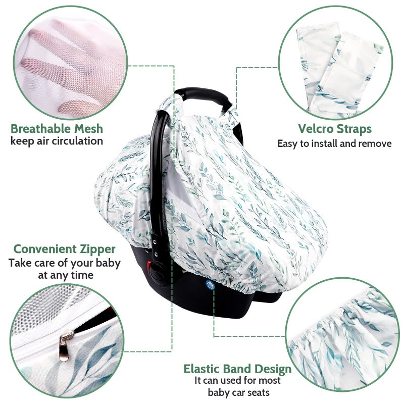 DILIMI Car Seat Covers for Babies Girl Boy, Cozy Sun & Bug Cover, Infant Carseat Canopy Newborn Stroller Carrier Cover with Breathable Zipper Peep Window, Green Leaf - Image 3