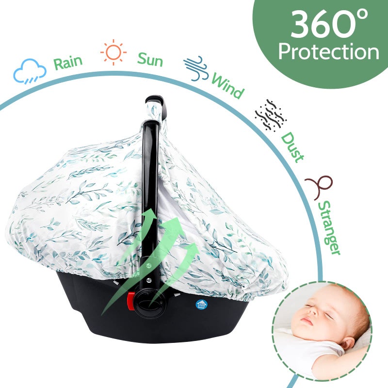 DILIMI Car Seat Covers for Babies Girl Boy, Cozy Sun & Bug Cover, Infant Carseat Canopy Newborn Stroller Carrier Cover with Breathable Zipper Peep Window, Green Leaf - Image 2