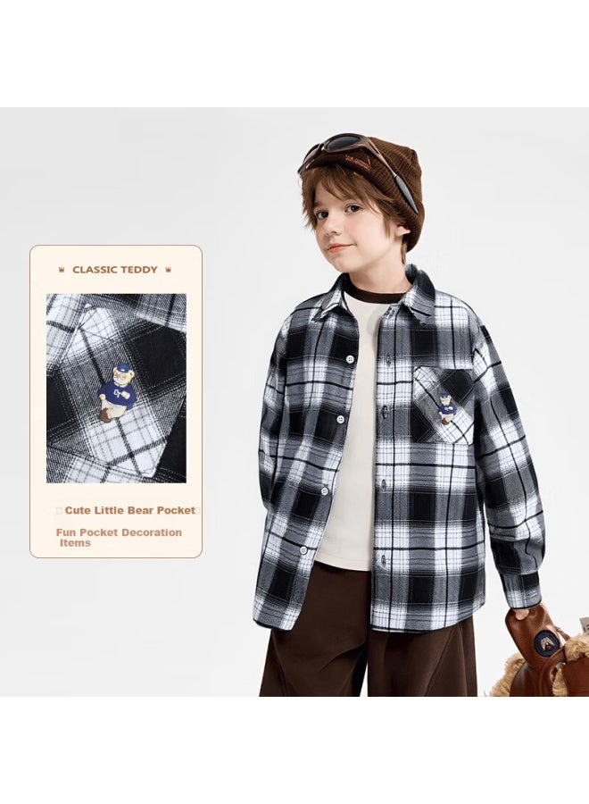 Classic Teddy Boys' Long Sleeve Plaid Shirt Black And White 130 - Image 2