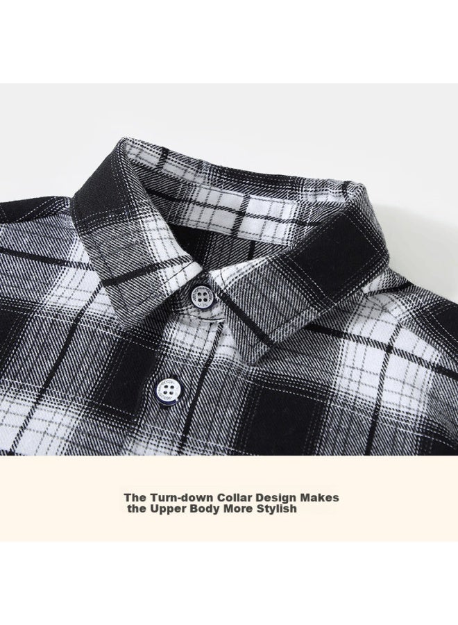 Classic Teddy Boys' Long Sleeve Plaid Shirt Black And White 130 - Image 3