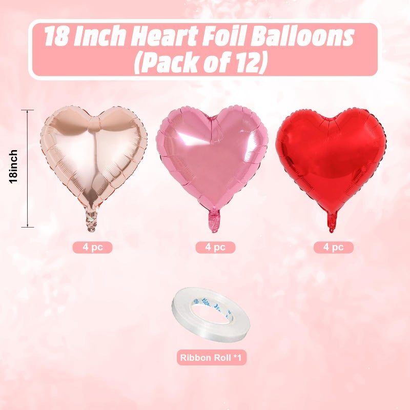 Vibzox Rose Gold and Pink Heart Balloons, 18 Inch Red Pink Heart Shape Balloon, 12PCS Red Rose Gold Helium Foil Love Heart Balloon for Girls Birthday Engagement Wedding Valentine Party Decorations - Image 2