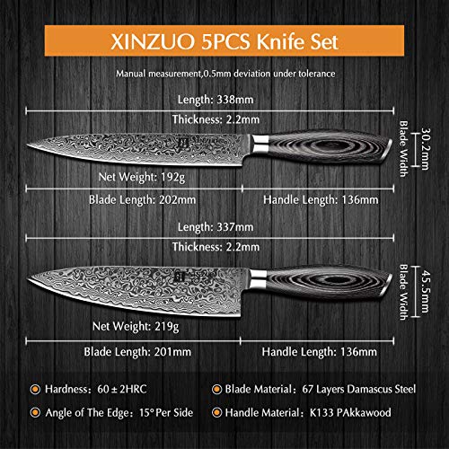 XINZUO 5-Piece Kitchen Knife,Super Sharp Damascus Steel Professional Chef Knife Set with Pakkawood Handle, Gift Box - Image 4