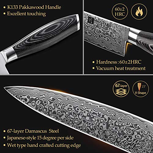 XINZUO 5-Piece Kitchen Knife,Super Sharp Damascus Steel Professional Chef Knife Set with Pakkawood Handle, Gift Box - Image 3