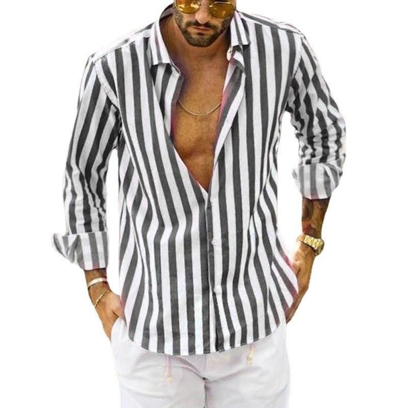 2022 cross-border European and American new AliExpress foreign trade long-sleeved lapel striped shirt loose shirt men gray L - Image 1