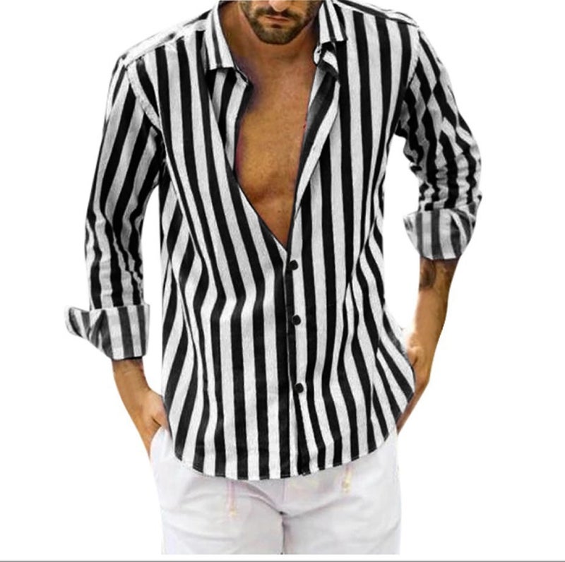 2022 cross-border European and American new AliExpress foreign trade long-sleeved lapel striped shirt loose shirt men gray L - Image 4