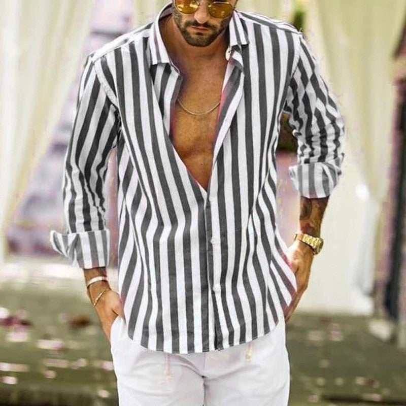 2022 cross-border European and American new AliExpress foreign trade long-sleeved lapel striped shirt loose shirt men gray L - Image 2
