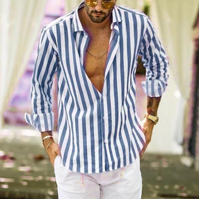 2022 cross-border European and American new AliExpress foreign trade long-sleeved lapel striped shirt loose shirt men gray L - Image 3