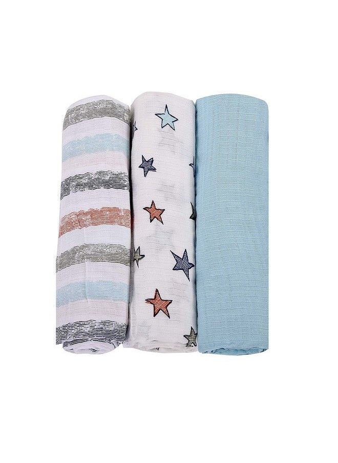 MOM'S HOME - Organic Cotton Super Soft Baby Muslin Cloth Swaddle 0 12 Months Pack Of 3 Stripestar Solid Blue - Image 1