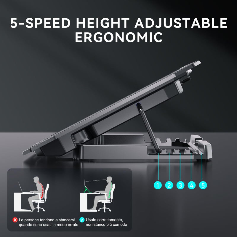 KYOLLY Ultra Slim Laptop Cooling Pad with 2 Quiet Big Fans, 5 Height Adjustable Ergonomic Stand, Portable Cooler for 10-15.6 Inch Laptops, Speed Control and 2 USB Ports - Image 4