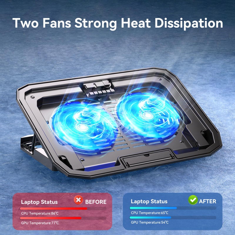 KYOLLY Ultra Slim Laptop Cooling Pad with 2 Quiet Big Fans, 5 Height Adjustable Ergonomic Stand, Portable Cooler for 10-15.6 Inch Laptops, Speed Control and 2 USB Ports - Image 5