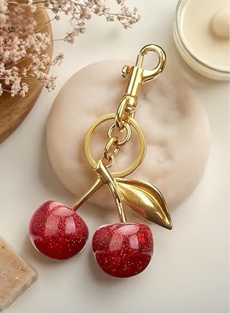 Breezly 3D Cherry Bag & Keychain Charm with Glossy Red Cherries and Elegant Gold-Tone Details - Image 3