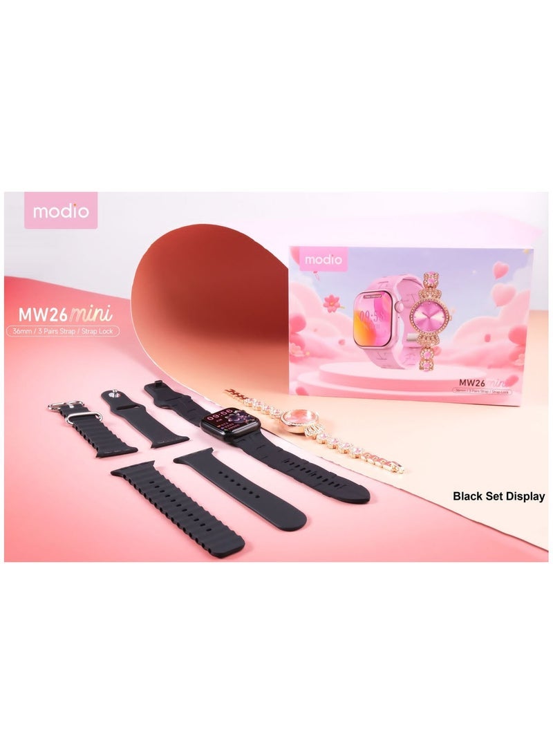 Modio MW26 Mini 36mm Smartwatch Combo for Ladies – Elegant Black Analog-Digital Hybrid Watch with 3 Interchangeable Straps, Stylish Mini Design, Full Touchscreen, Health & Fitness Tracking, Long Battery Life, Magnetic Charging Cable, Compatible with Android & iOS - Image 4