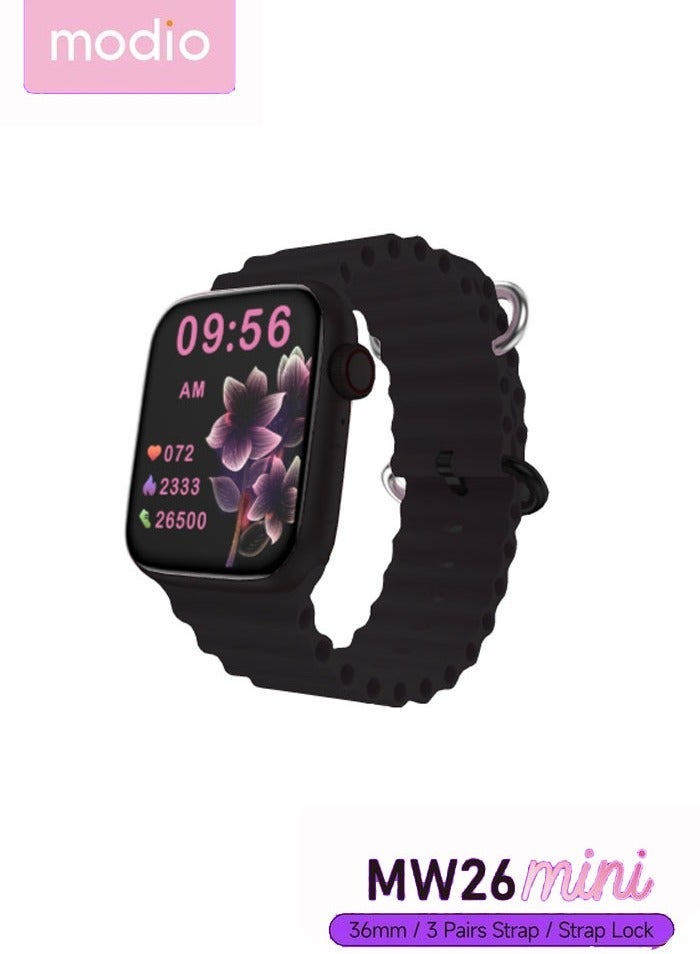 Modio MW26 Mini 36mm Smartwatch Combo for Ladies – Elegant Black Analog-Digital Hybrid Watch with 3 Interchangeable Straps, Stylish Mini Design, Full Touchscreen, Health & Fitness Tracking, Long Battery Life, Magnetic Charging Cable, Compatible with Android & iOS - Image 2