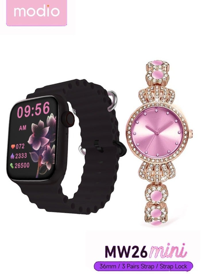 Modio MW26 Mini 36mm Smartwatch Combo for Ladies – Elegant Black Analog-Digital Hybrid Watch with 3 Interchangeable Straps, Stylish Mini Design, Full Touchscreen, Health & Fitness Tracking, Long Battery Life, Magnetic Charging Cable, Compatible with Android & iOS - Image 1