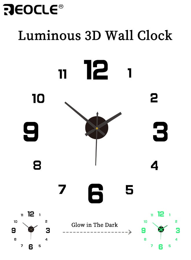 ريوكل ساعة حائط ثلاثية الأبعاد مضيئة بتصميم صامت، أرقام مختلطة، تضيء في الظلام، تعمل بالبطارية، مثالية لتزيين غرفة المعيشة أو النوم بحجم 50×50 سم - Image 1