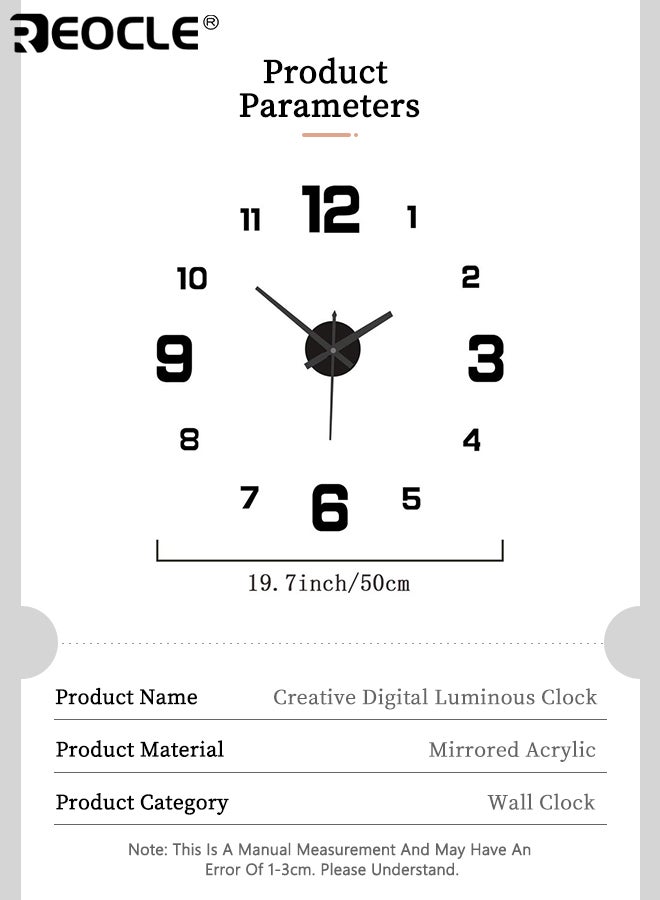 ريوكل ساعة حائط ثلاثية الأبعاد مضيئة بتصميم صامت، أرقام مختلطة، تضيء في الظلام، تعمل بالبطارية، مثالية لتزيين غرفة المعيشة أو النوم بحجم 50×50 سم - Image 3