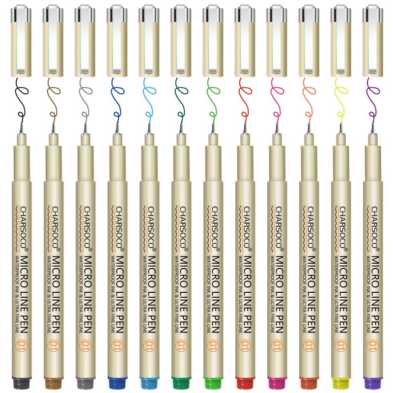 CHARSOCO 01 Micro Pen, Fine Point Pen with 12 Colors, Waterproof Archival Ink, 0.25mm Fineliner Ink Pens for Artist Illustration, Sketching, Anime, Manga, Technical Drawing and Scrapbooking - Image 1