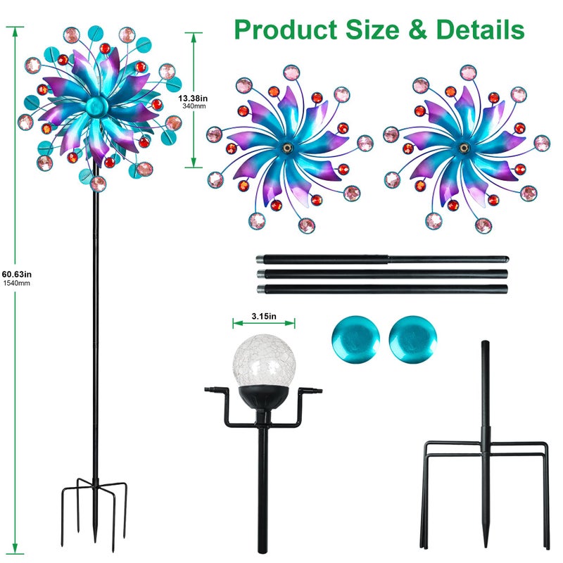 VISFLAIR Solar Wind Spinner for Yard and Garden â€“ 61 Inch Outdoor Metal Kinetic Sculpture with Multi-Color LED Glass Ball Light â€“ Waterproof Windmill Stake for Patio, Lawn, and Pathway Decoration (Blue) - Image 3