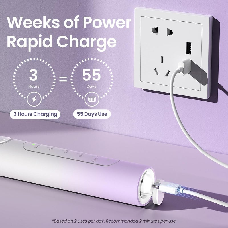 يونتشي فرشاة أسنان كهربائية C2 للبالغين والأطفال، فرشاة أسنان صوتية قابلة للشحن عبر USB-C مع 5 أوضاع ومؤقت ذكي لمدة دقيقتين، شعيرات ناعمة، 8 رؤوس فرشاة وحقيبة سفر، أرجواني وأبيض - Image 4