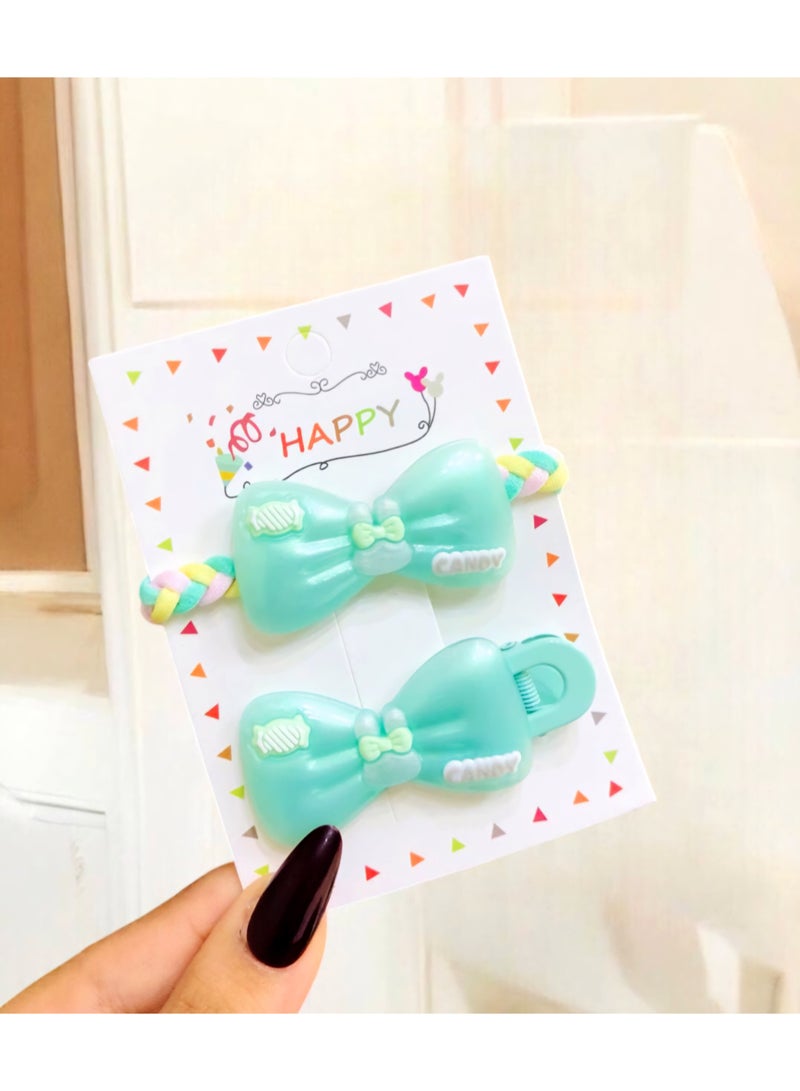 طقم مكون من مشبك و ربطة شعر علي شكل فيونكة للفتيات باللون الأخضر - Image 3