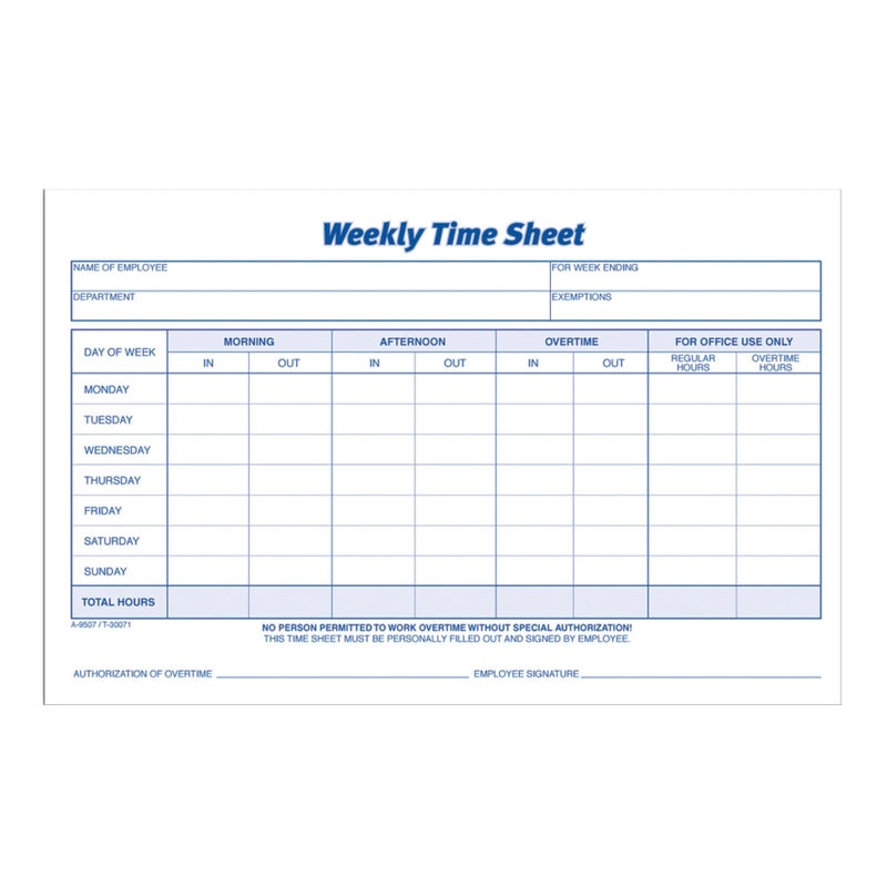 Adams Weekly Time Sheet 1Part 55 x 85 Inches BlueWhite 100 Sheets Per Pad 2 Pack 9507ABF