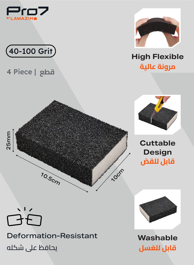 LAWAZIM Pro7 Sanding Sponge Blocks - 4 Piece 40-100 Grit - Washable Sanding Pads with Extra Coarse to Medium Grits -Ideal for Wet & Dry Use on Wood, Paint, Metal, Drywall, Rust, Tools, & Auto Projects - Image 2