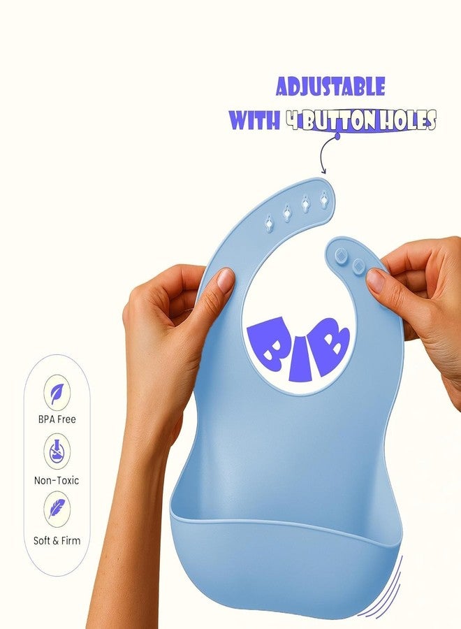SGMVK Silicone Baby Bib for Babies & Toddlers 6–36 Months, Waterproof BPA Free Feeding Bib with Adjustable Neck Strap, Food Catcher Pocket, Soft Washable Reusable Bib for Boys & Girls (BIB BLUE) - Image 3