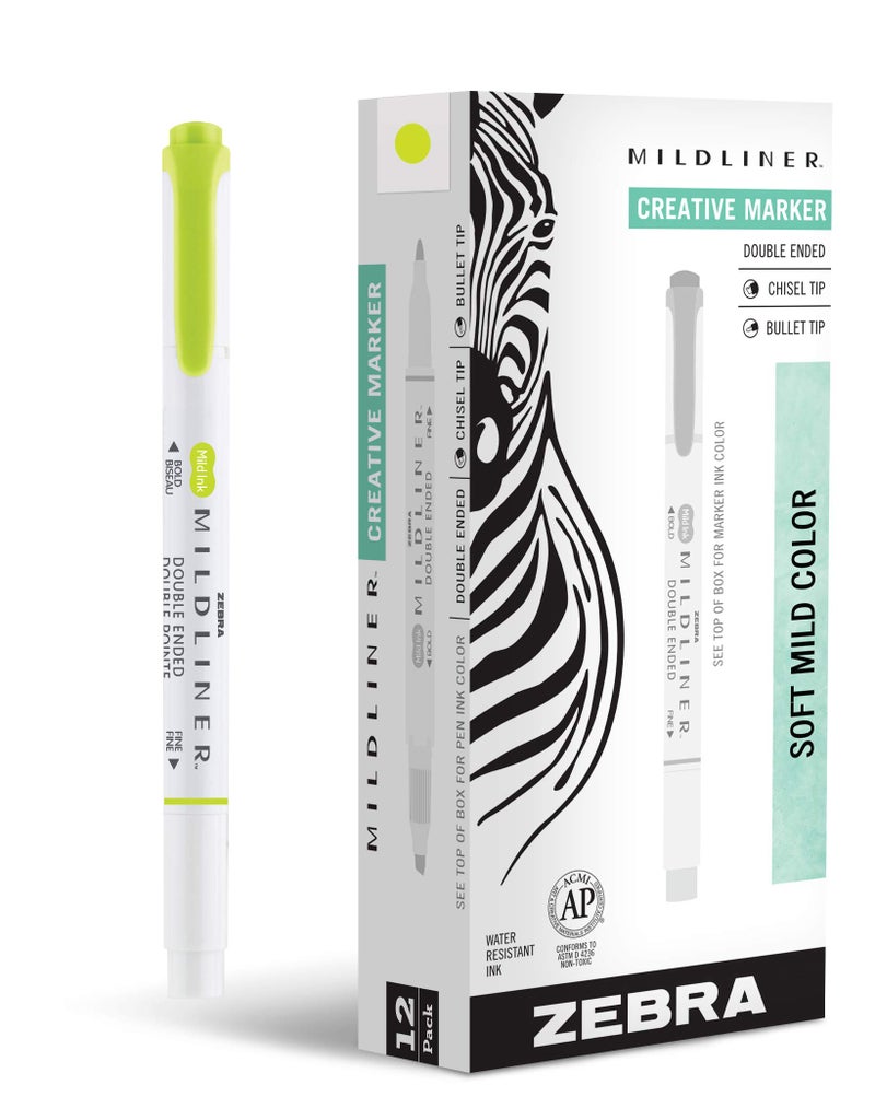 Zebra Pen Mildliner DualTip Highlighters Broad and Fine Tips Ideal for Bible Highlighting No Bleed School Supplies Teacher Supplies and Office Supplies Mild Citrus Green Ink 12Pack 78450upc - Image 2