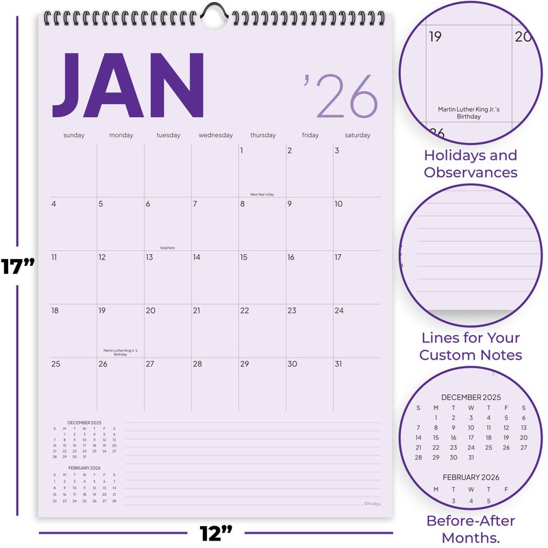 HADIGU Wall Calendar 2026, 12 Months, 17" x 12" Large Wall Calendar with Hanger, Thick Paper and Spiral Binding. Soft Color Collection, Uplifting Monthly Design. - Image 3
