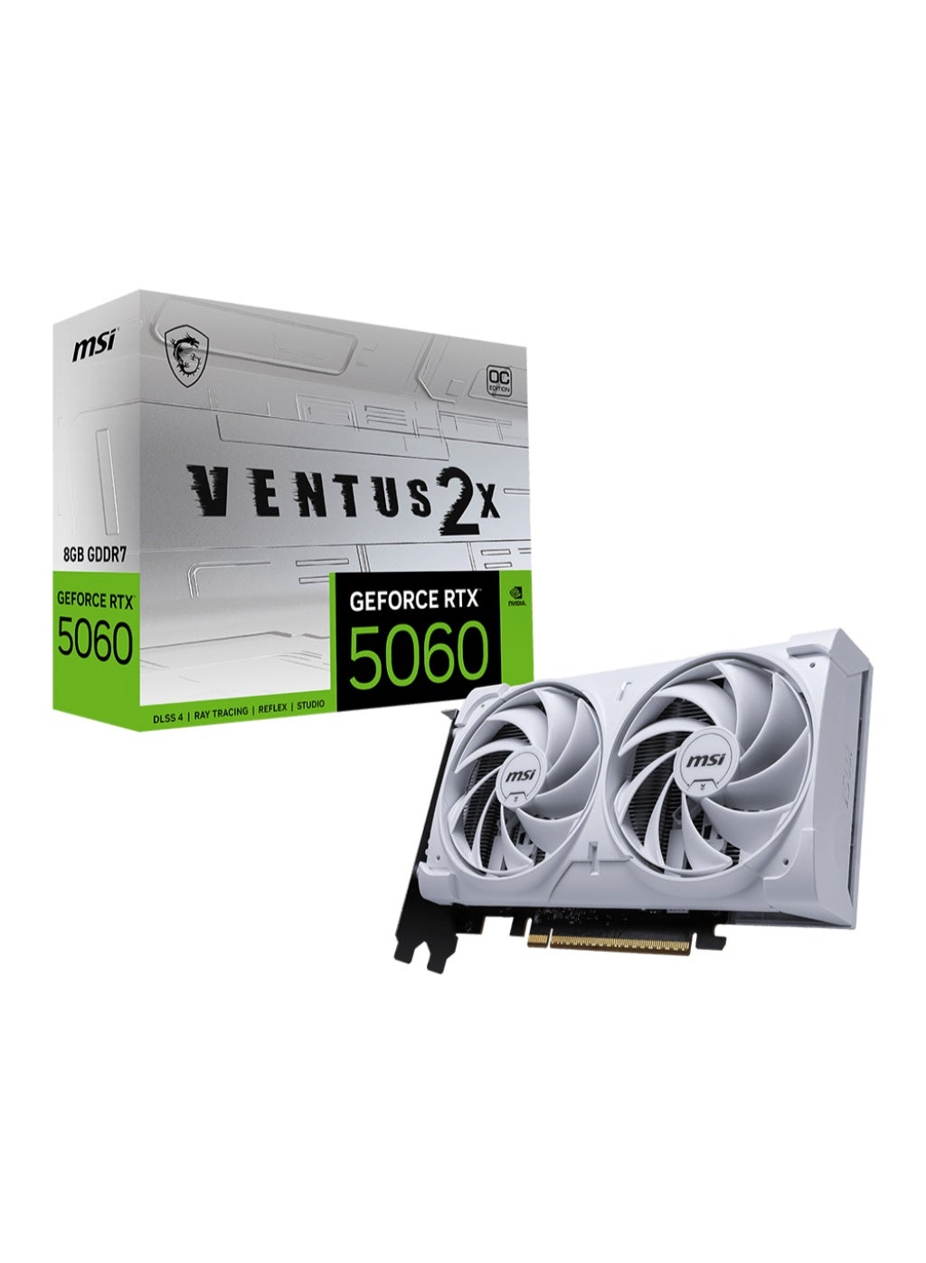 MSI GeForce RTX 5060 8G VENTUS 2X OC WHITE Graphics Card, 8GB GDDR7, PCIe Gen5 x16, 128-bit, Dual TORX Fan 5.0, DLSS 4, Ray Tracing, HDMI 2.1 & Triple DisplayPort 2.1, AV1 Encoder, 2527 MHz Boost Clock, 145W TDP, VR Ready, White Backplate, Compact 2-Slot Design | 912-V537-018