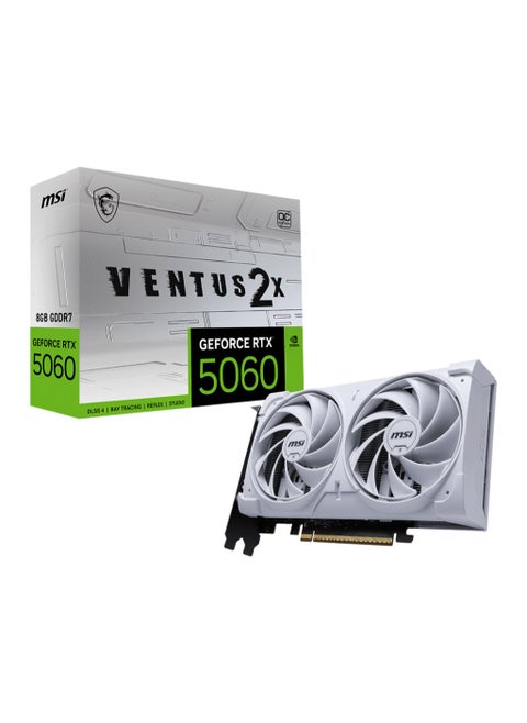 GeForce RTX 5060 8G VENTUS 2X OC WHITE Graphics Card, 8GB GDDR7, PCIe Gen5 x16, 128-bit, Dual TORX Fan 5.0, DLSS 4, Ray Tracing, HDMI 2.1 & Triple DisplayPort 2.1, AV1 Encoder, 2527 MHz Boost Clock, 145W TDP, VR Ready, White Backplate, Compact 2-Slot Design | 912-V537-018