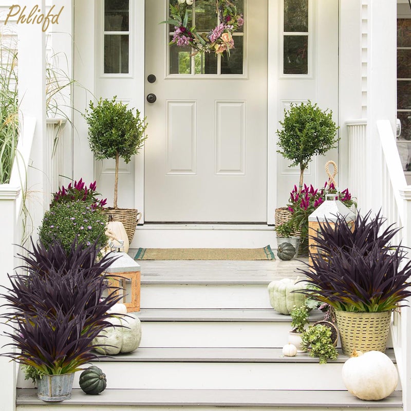 Phliofd 6Pcs Artificial Grass Fake Grass Plants 17.3in Outdoor Plants UV Resistant Faux Greenery Stems for Home Window Garden Office Patio Pathway Front Porch Halloween DÃ©cor Light Green & Purple - Image 5