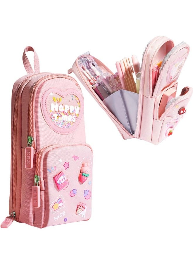 Prime Deals PRIME DEALS Canvas Premium Pencil Case Hang able 6 Layer with 3 Compartment Cute Aesthetic Pencil Case for Girls Large Capacity Pencil Pouch for Kids Cute Stationary Gift for Kids (Pink)  - Image 1