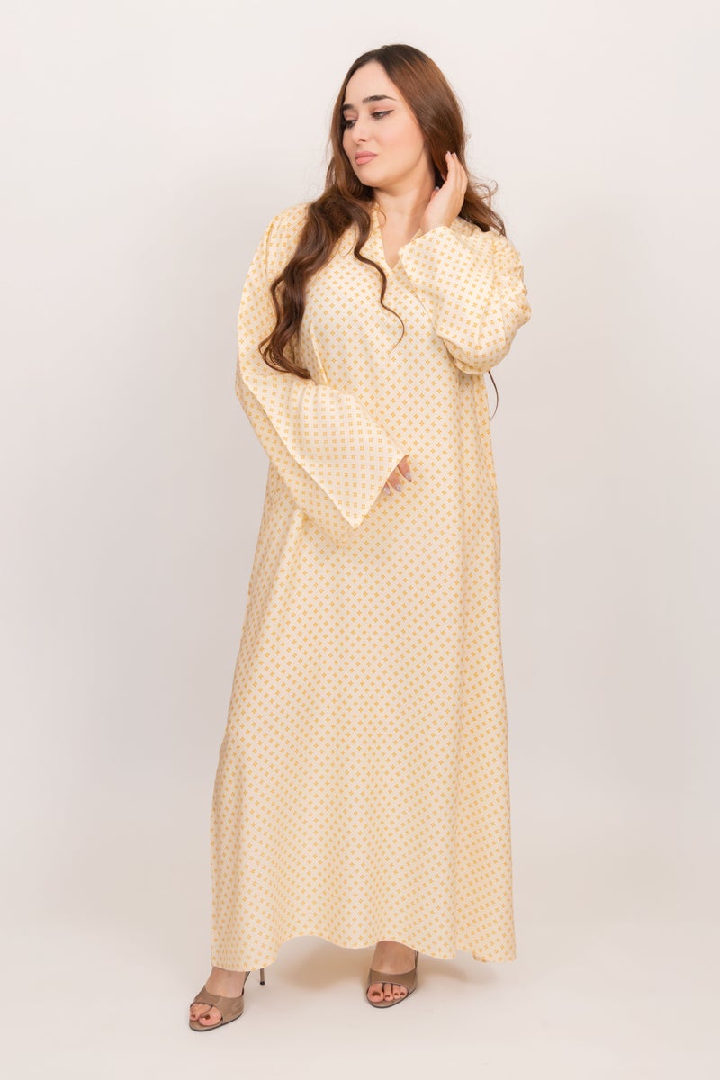 جلابية لينيل صفراء للنساء - فستان ماكسي محتشم بنقشة متقاطعة، بياقة على شكل حرف V وأكمام طويلة، مريح للارتداء اليومي